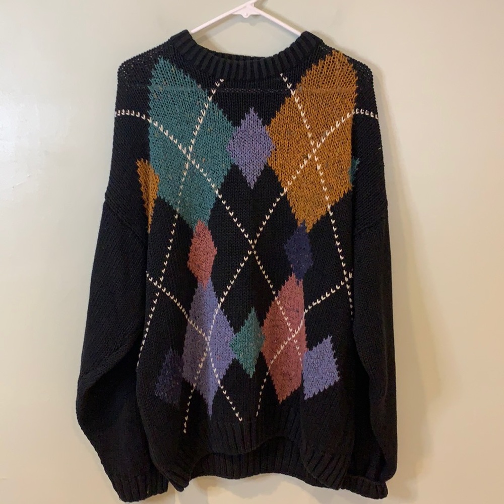 SOLD - Vintage Etchings Black & Colored Argyle Pattern Chunky Knit Sweater - Picture 1 of 6